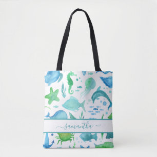 Blue green sea ocean fish dolphins elegant name tote bag