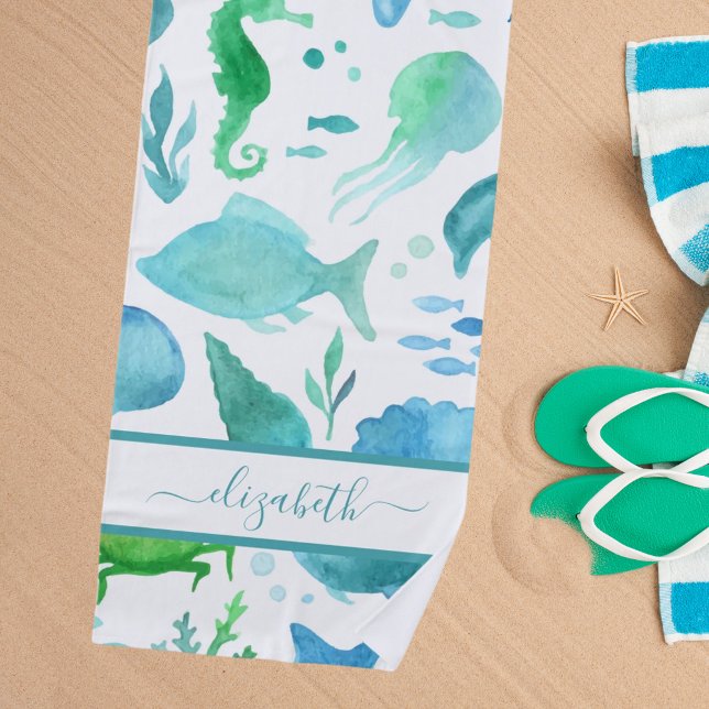 Blue green sea ocean fish dolphins white monogram beach towel (Creator Uploaded)