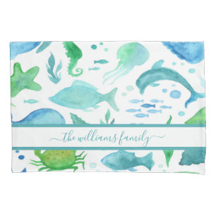 Blue green sea ocean fish dolphins white monogram pillowcase