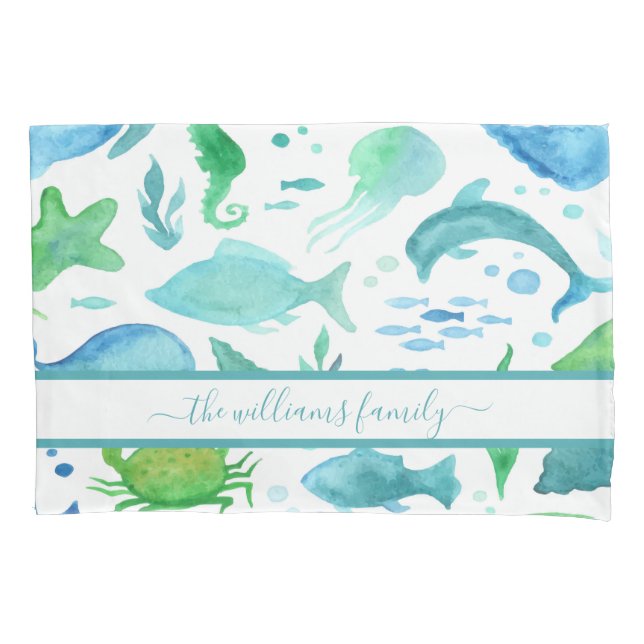 Blue green sea ocean fish dolphins white monogram pillowcase (Front)