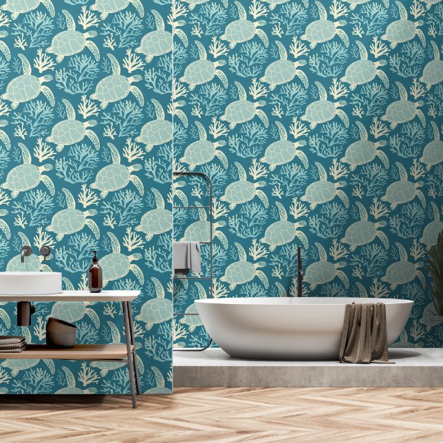 Blue Green Sea Turtle Pattern Wallpaper (Bathroom)