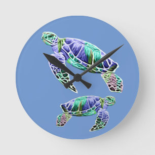 Blue Green Sea Turtles Round Clock