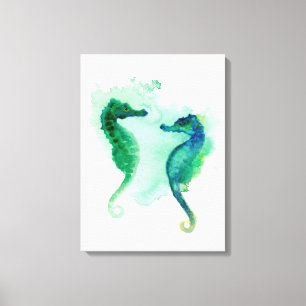 Blue green seahorses white canvas seahorse print