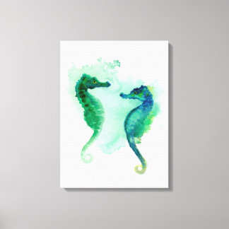 Blue green seahorses white canvas seahorse print