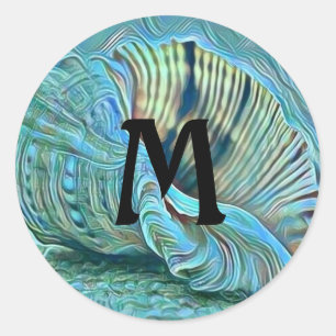 Blue green seashells on the beach painting classic round sticker