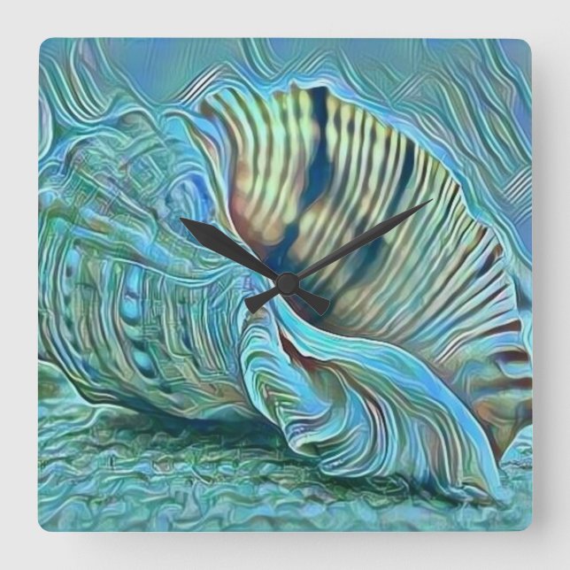 Blue green seashells on the beach painting  square wall clock (Front)
