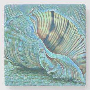 Blue green seashells on the beach painting stone coaster