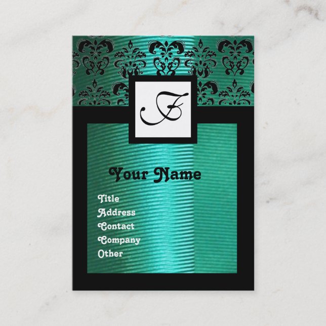 BLUE GREEN SILK DAMASK CLOTH ,SQUARE MONOGRAM BUSINESS CARD (Front)
