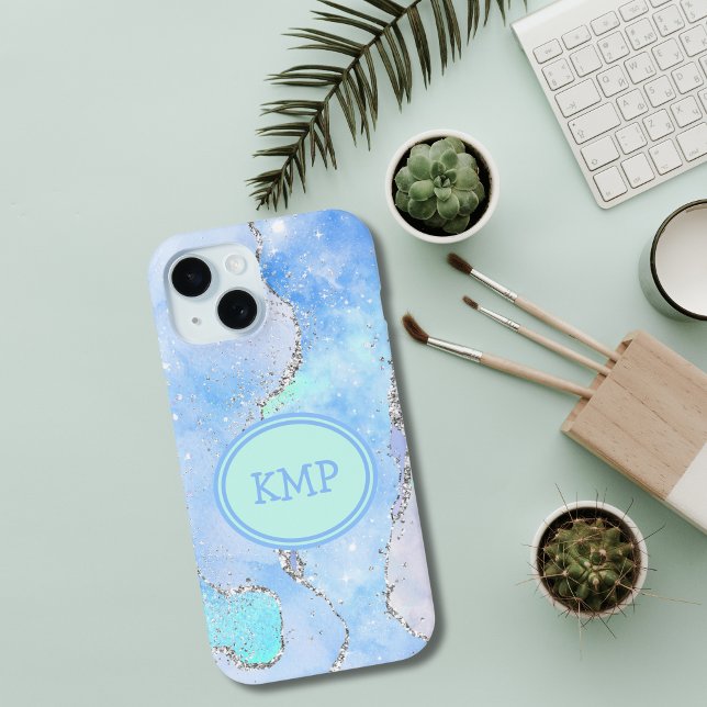 Blue Green Silver Glitter Marble Swirl Monogram Case-Mate iPhone Case (Blue green silver glitter marble swirl monogrammed iPhone 15 13 14 12 11 case.)