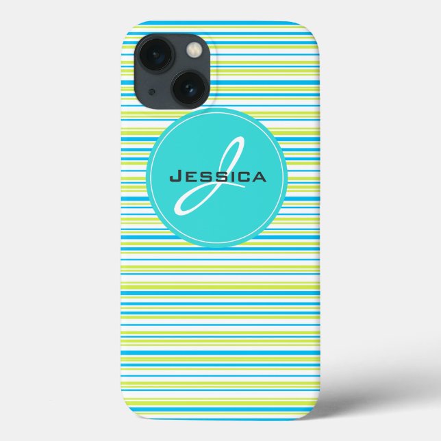 Blue green simple elegant Stripes Monogram Name Case-Mate iPhone Case (Back)
