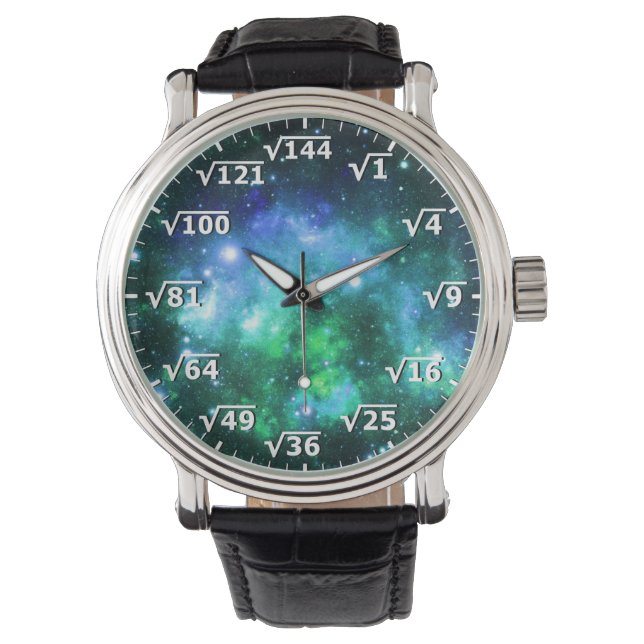Blue Green Space Square Root Clock - Math Time Watch (Front)
