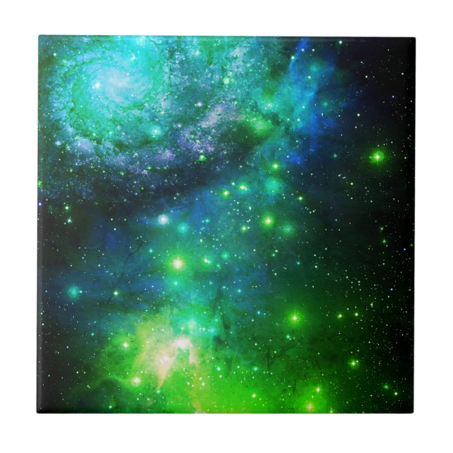 Blue Green Space Stars Galaxy Tile (Front)