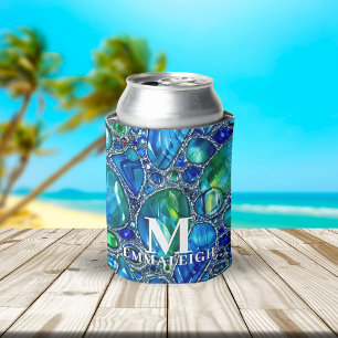 Blue Green Sparkling Glass Gems Monogrammed  Can Cooler