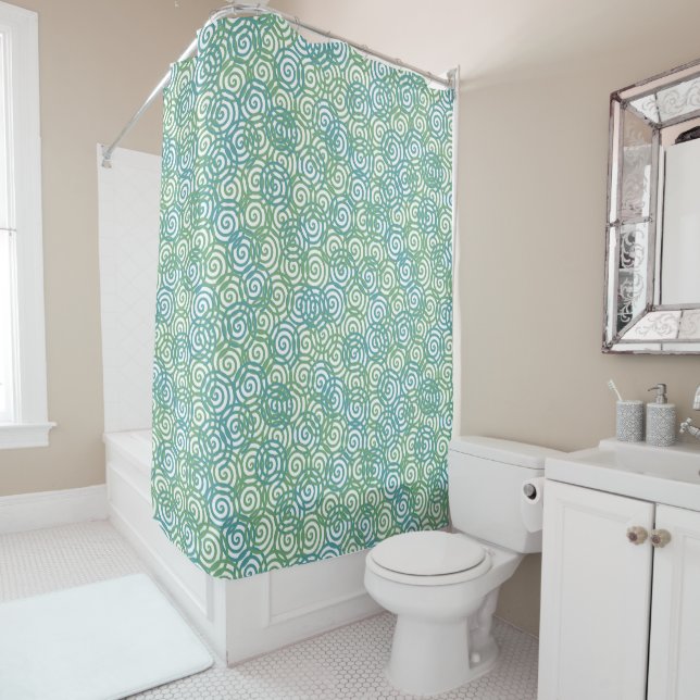 Blue Green Spirals Shower Curtain (In Situ)