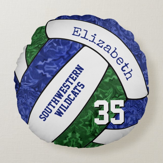 blue green sports team colours girls volleyball round cushion (Front)