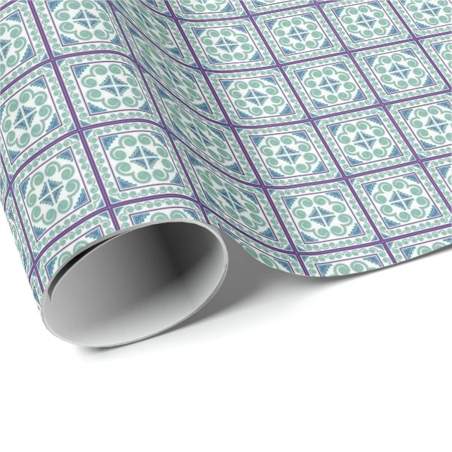 Blue/Green Square Pattern Hmong Wrapping Paper (Roll Corner)