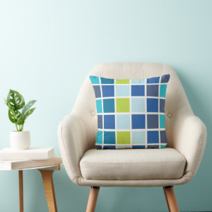 Blue Green Squares Chequered  Cushion