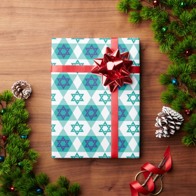 Blue Green Star of David Pattern Wrapping Paper (Holiday Gift)