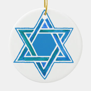 Blue Green Star of David Watercolor on White Ceramic Tree Decoration