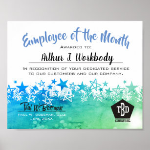 Blue green stars employee of the month certificate poster