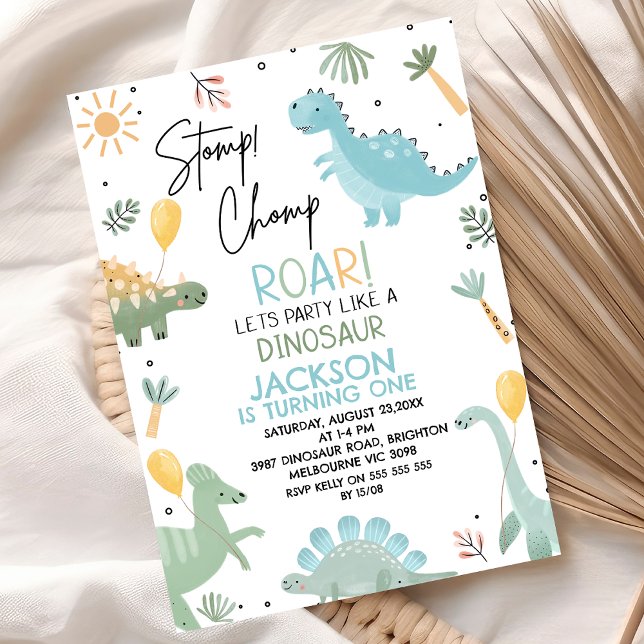 Blue Green Stomp Chomp Party Dinosaur 1st Birthday Invitation (Blue Green Stomp Chomp Roar Party Like A Dinosaur 1st Birthday Invitation Boy, Dino Birthday Party )
