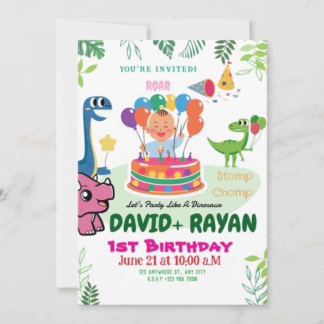 Blue Green Stomp Chomp Twins Dinosaur 1st Birthday Invitation (Front)