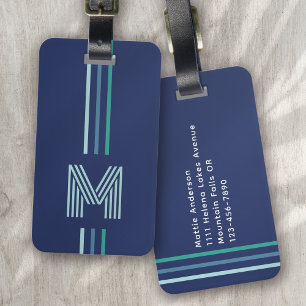Blue Green Stripe Monogram Luggage Tag