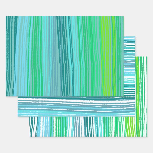 Blue Green Stripes Variety Pack of Wrapping Paper Sheet (Set)