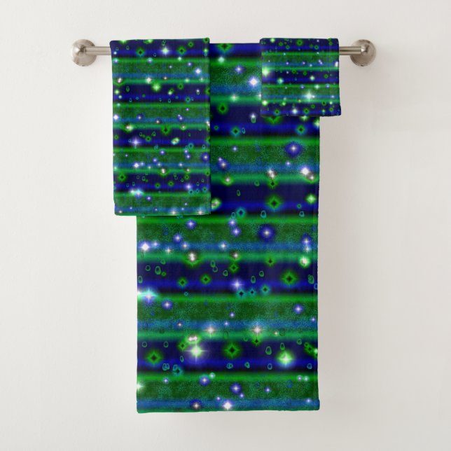 Blue Green Stripes with Stars and Raindrops Bath Towel Set (Insitu)