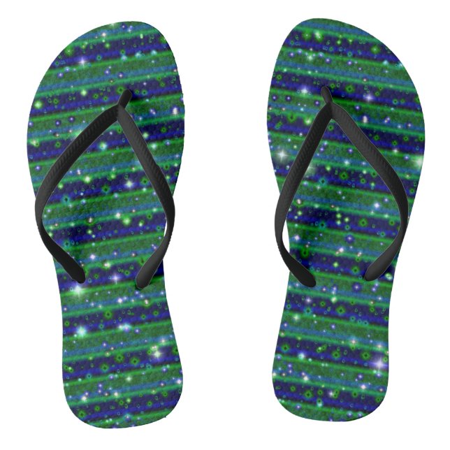 Blue Green Stripes with Stars and Raindrops Flip Flops (Footbed)