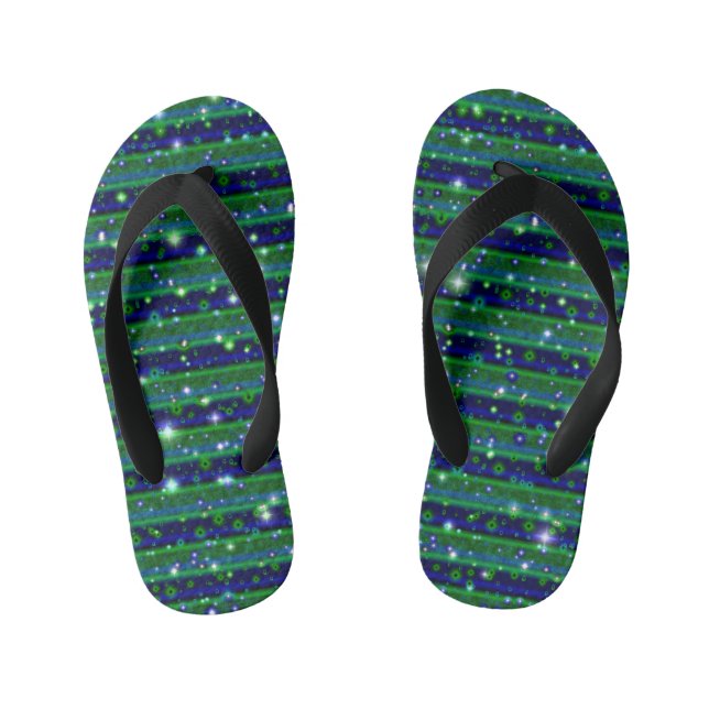 Blue Green Stripes with Stars and Raindrops Kid's Flip Flops (Footbed)