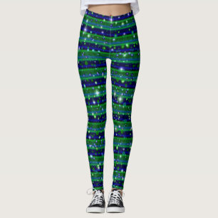 Blue Green Stripes with Stars and Raindrops Leggings