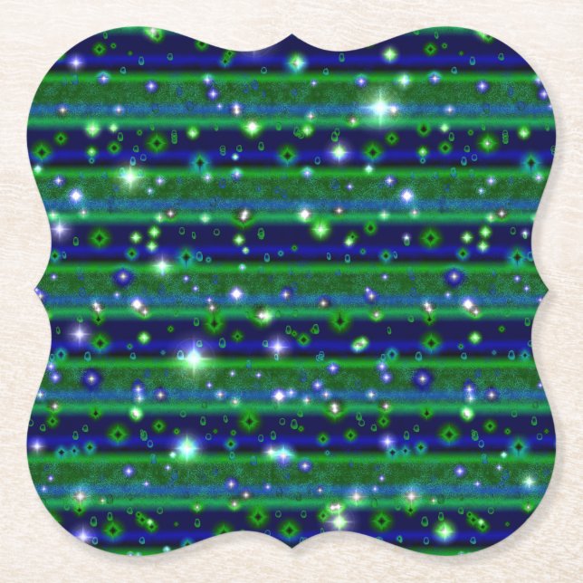 Blue Green Stripes with Stars and Raindrops Paper Coaster (Front)
