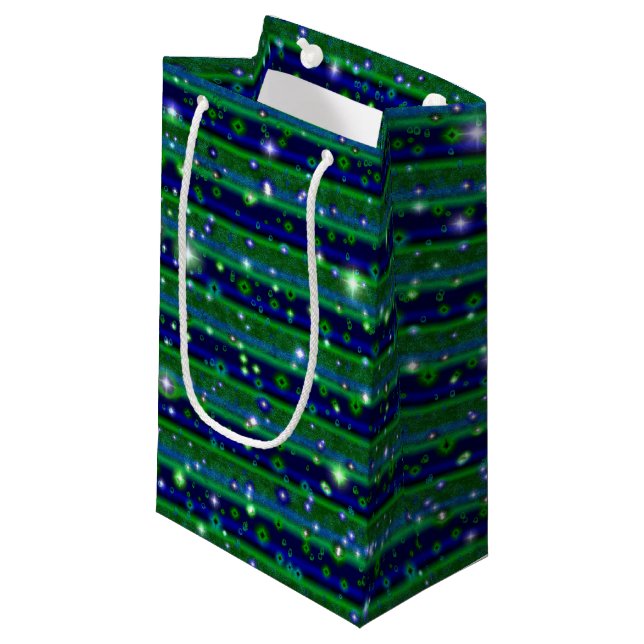 Blue Green Stripes with Stars and Raindrops Small Gift Bag (Front Angled)