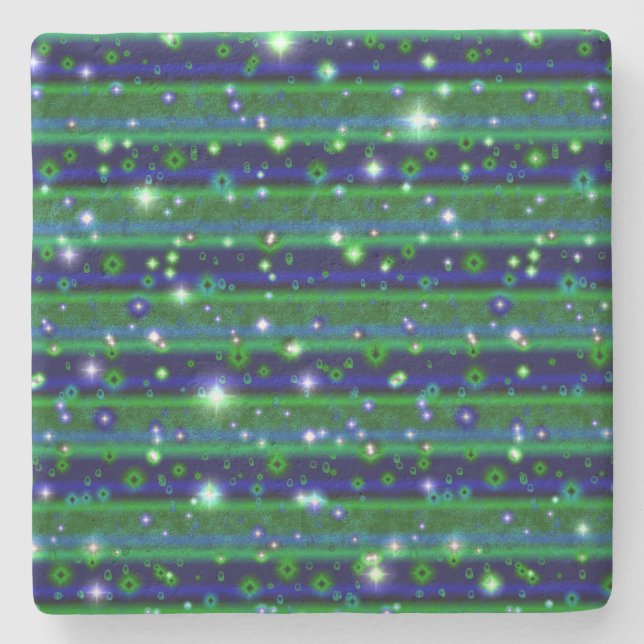 Blue Green Stripes with Stars and Raindrops Stone Coaster (Front)