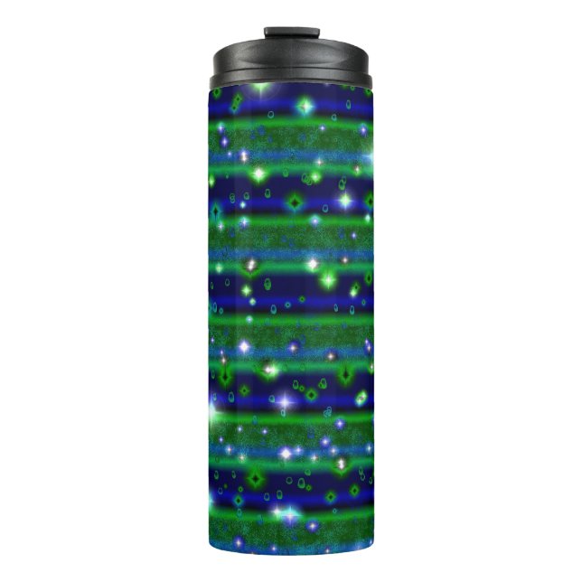 Blue Green Stripes with Stars and Raindrops Thermal Tumbler (Front)