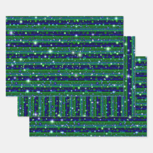 Blue Green Stripes with Stars and Raindrops Wrapping Paper Sheet