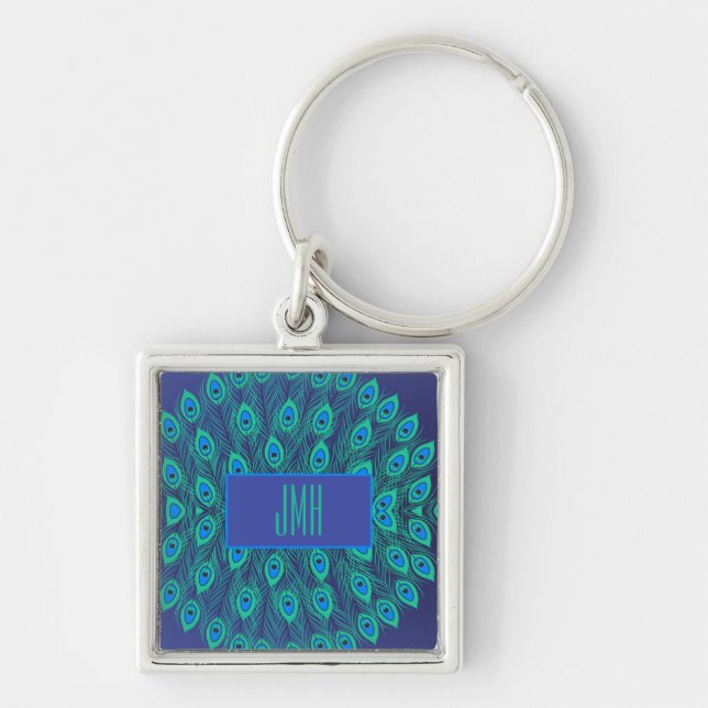 BLUE GREEN STYLIZED PEACOCK TAIL FEATHERS MONOGRAM KEY RING (Front)