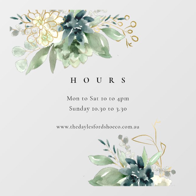 Blue Green Succulent Fauna Opening Hours Window Cling (Sheet)