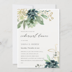 Blue Green Succulent Fauna Rehearsal Dinner Invite