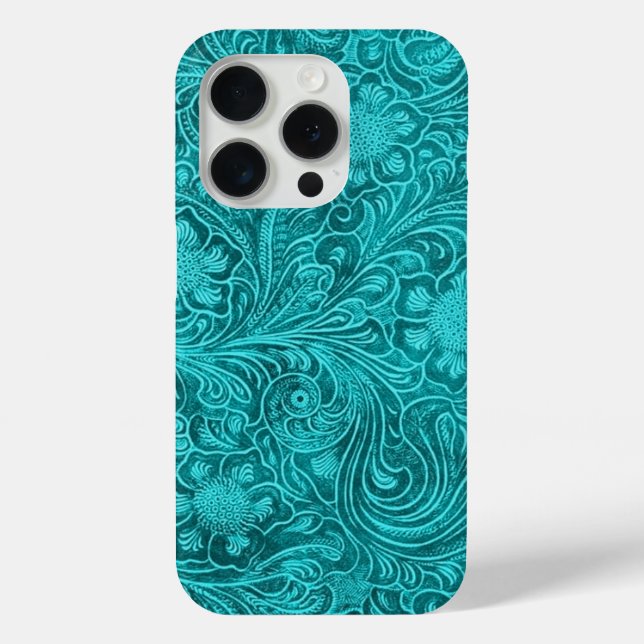 Blue-Green Suede Leather Look Retro Floral Design Case-Mate iPhone Case (Back)