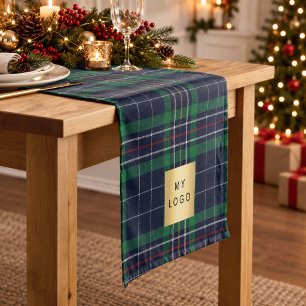 Blue Green Tartan Plaid Business Logo Short Table Runner