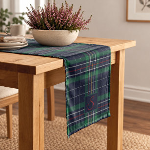 Blue Green Tartan Plaid Monogram Short Table Runner