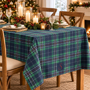 Blue Green Tartan Plaid Monogram Tablecloth