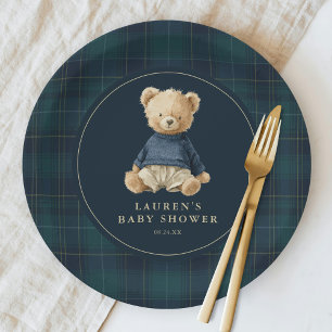 Blue Green Tartan Polo Bear Baby Shower Paper Plate