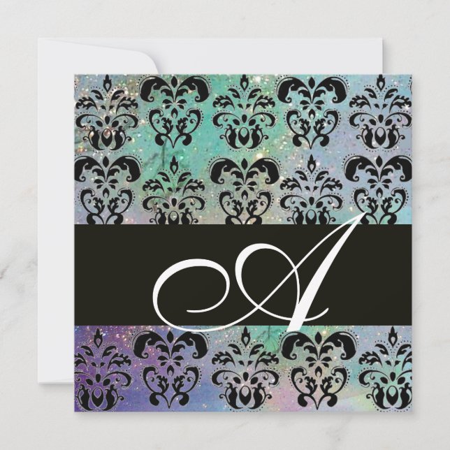BLUE GREEN TEAL BLACK  DAMASK MONOGRAM , white Invitation (Front)