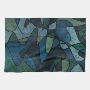 Blue Green Teal Digital Stained Glass Abstract Art Tea Towel