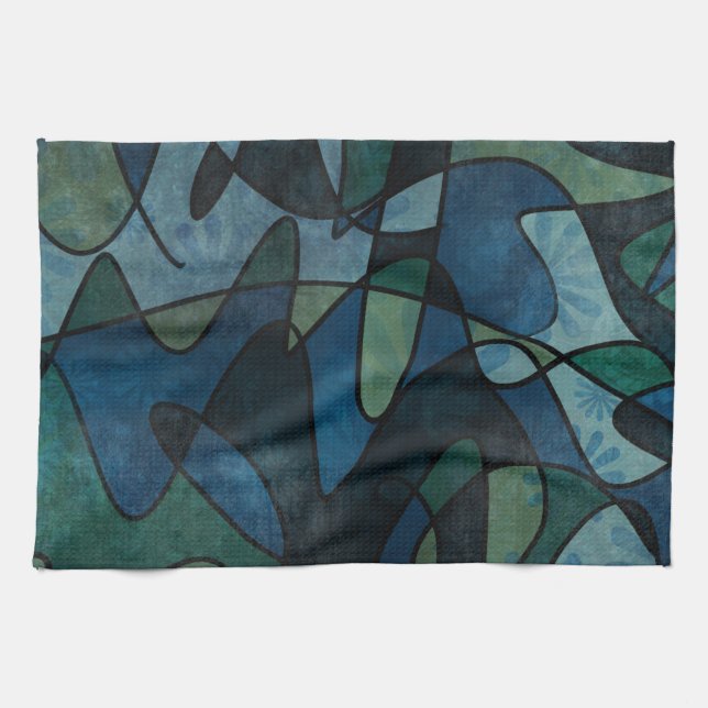 Blue Green Teal Digital Stained Glass Abstract Art Tea Towel (Horizontal)