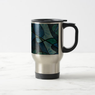 Blue Green Teal Digital Stained Glass Abstract Art Travel Mug