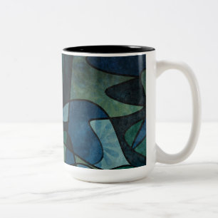 Blue Green Teal Digital Stained Glass Abstract Art Two-Tone Coffee Mug